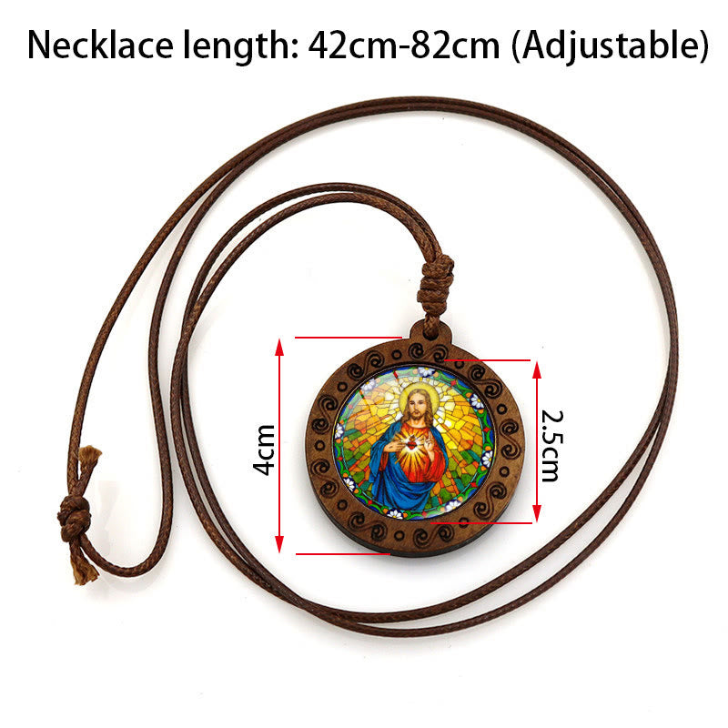 Christianartworkshop Jesus Sacred Heart Time Gemstone Wood Pendant Necklace - image 2