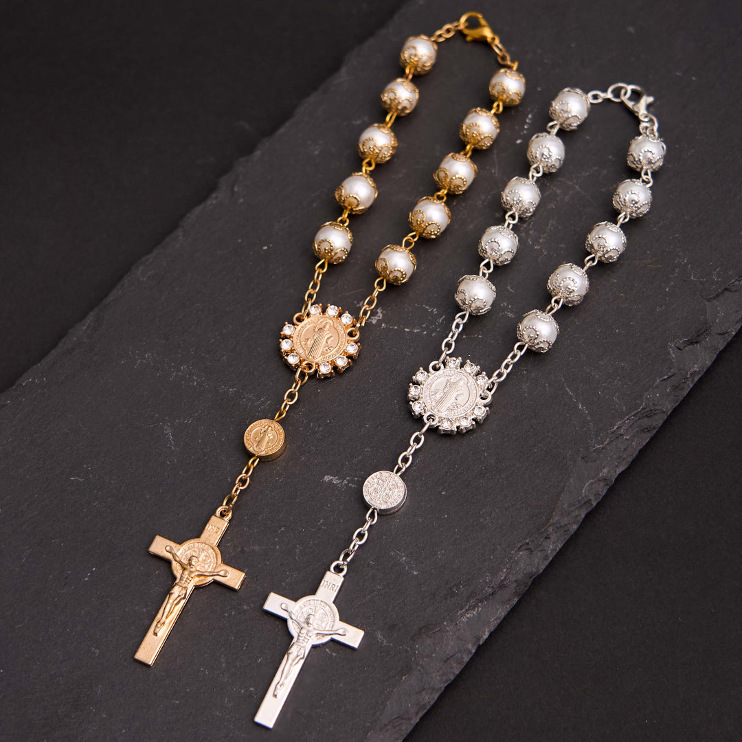 Christian Glass Beads St. Benedict & Jesus Cross Bracelet Rosary - Golden - image 0
