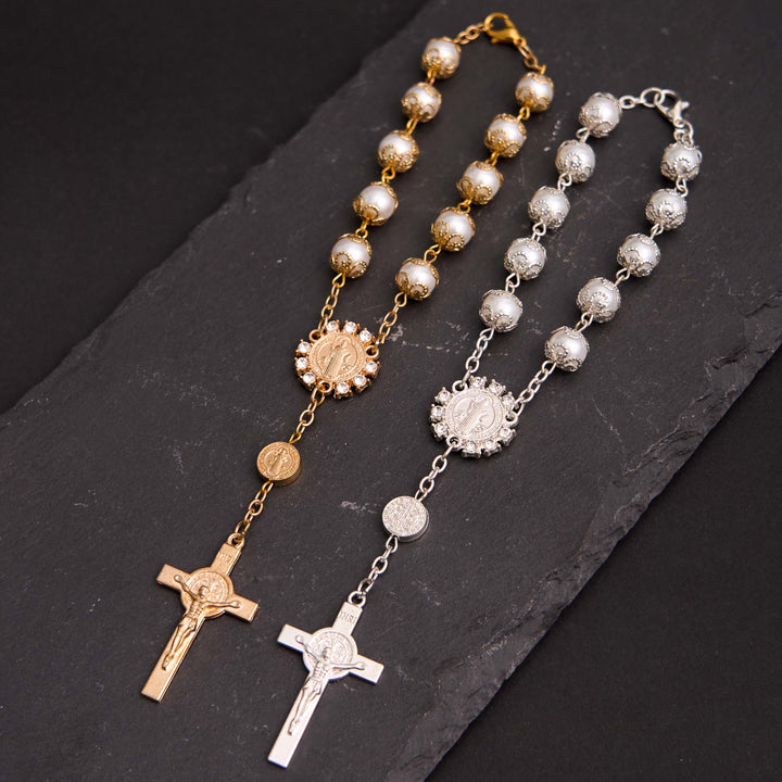 Christian Glass Beads St. Benedict & Jesus Cross Bracelet Rosary - Golden - image 0