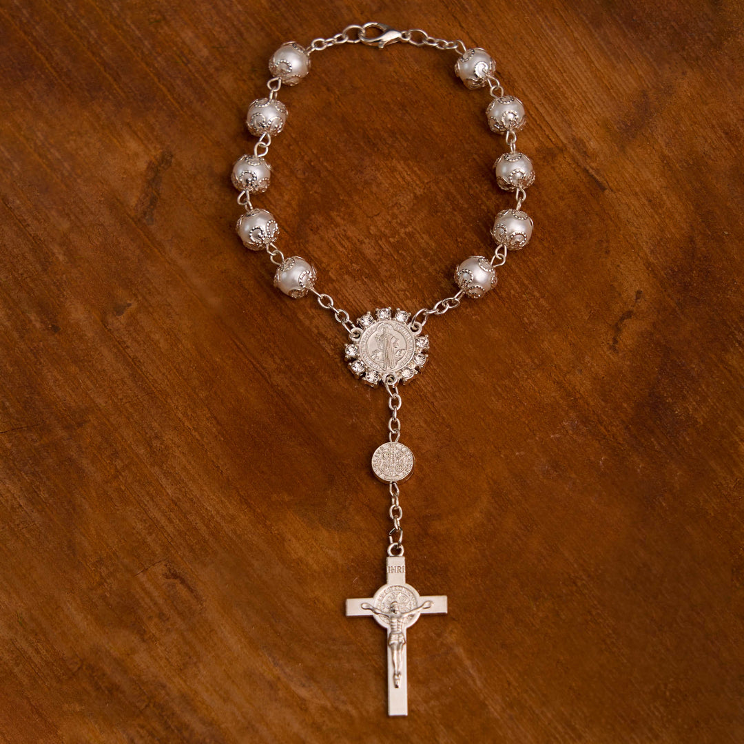 Christian Glass Beads St. Benedict & Jesus Cross Bracelet Rosary - Silver - image 8
