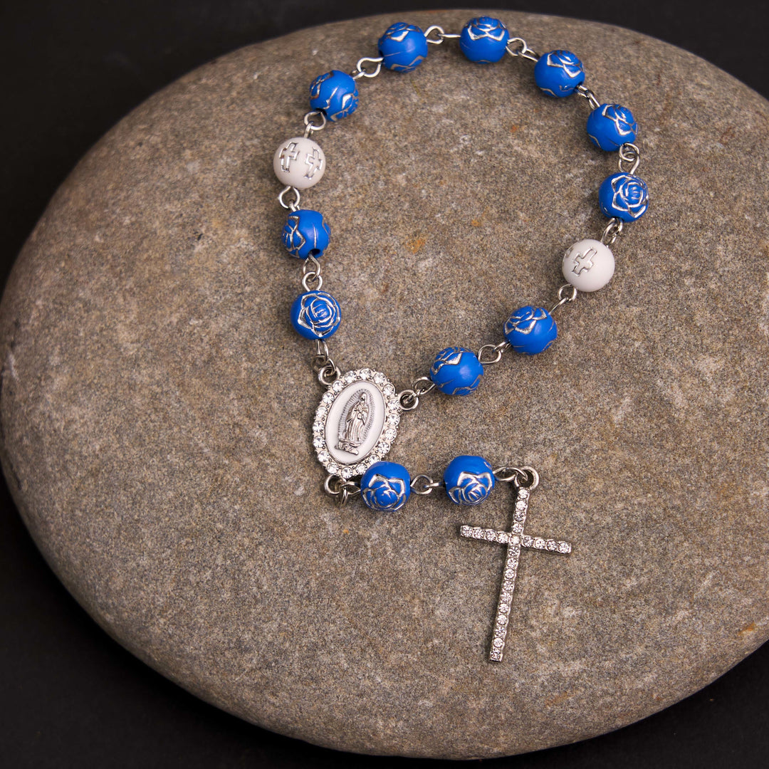 Rose Beads Cross Our Lady Of Guadalupe Bracelet Rosary - Blue - image 4
