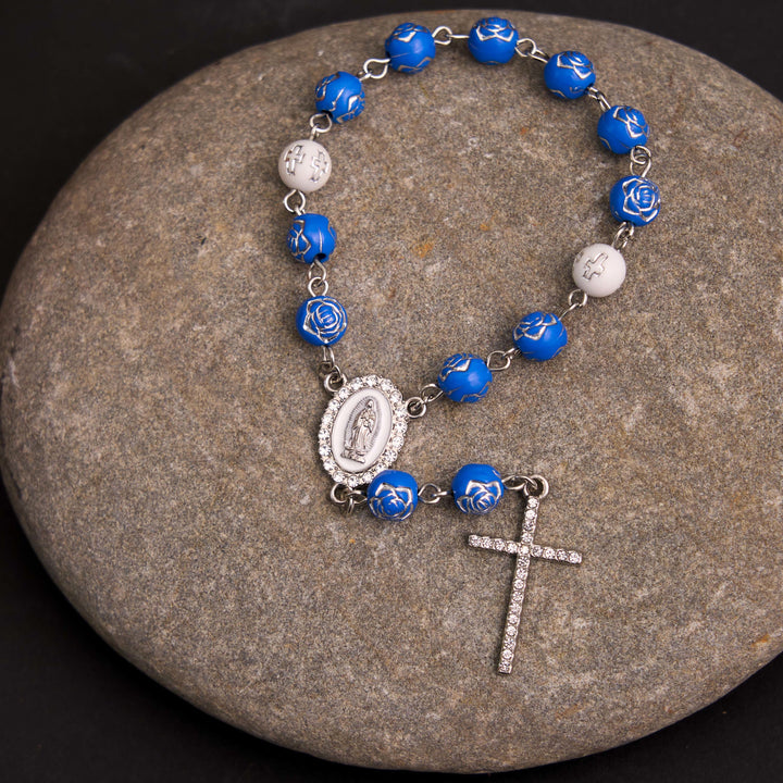 Rose Beads Cross Our Lady Of Guadalupe Bracelet Rosary - Blue - image 5
