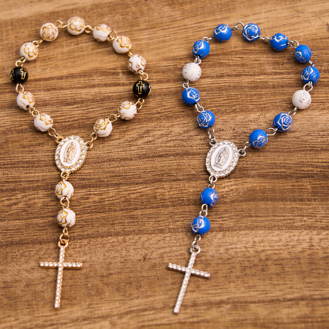Rose Beads Cross Our Lady Of Guadalupe Bracelet Rosary - image 7
