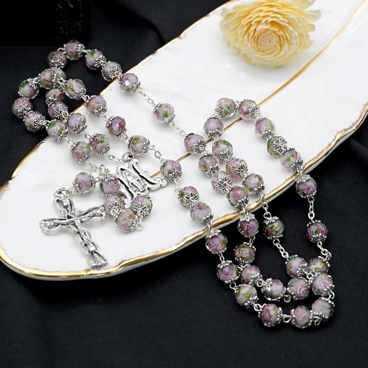 Christianartworkshop Glazed Crystal Rose Flower Beads Rosary - Grey - image 10