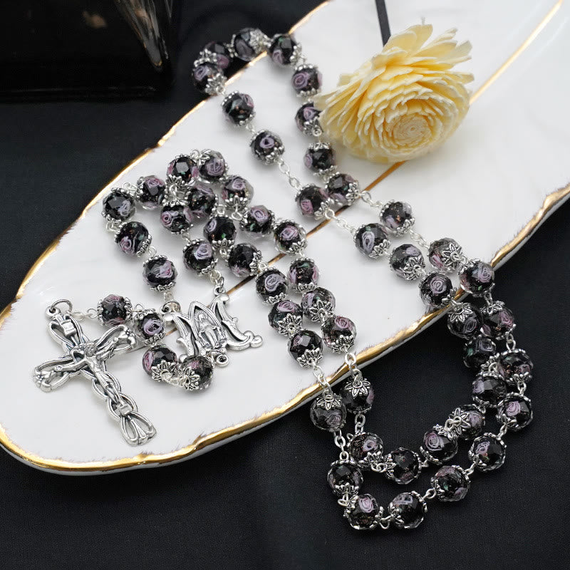 Christianartworkshop Glazed Crystal Rose Flower Beads Rosary - Black - image 9