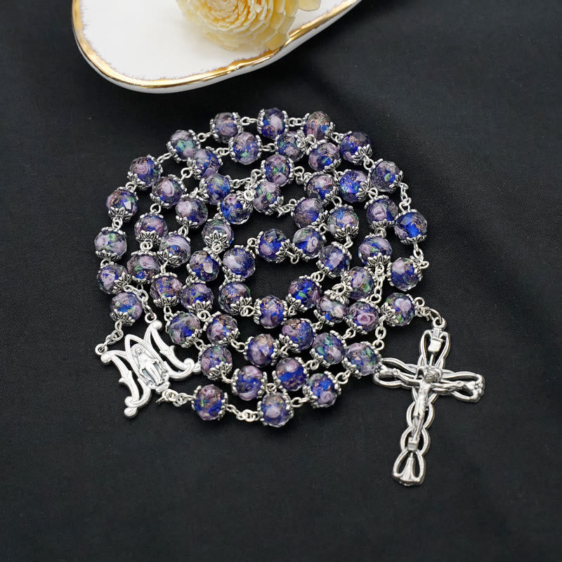 Christianartworkshop Glazed Crystal Rose Flower Beads Rosary - Blue - image 8