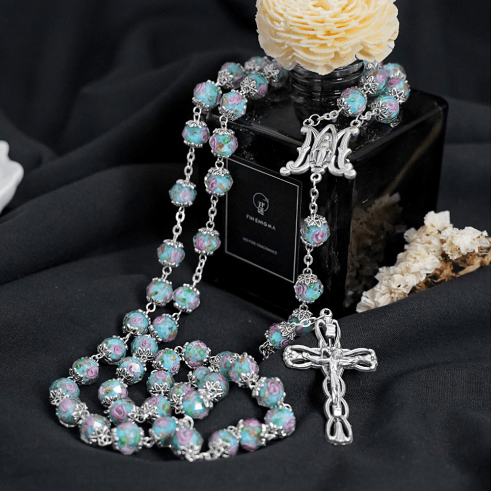 Christianartworkshop Glazed Crystal Rose Flower Beads Rosary - image 3