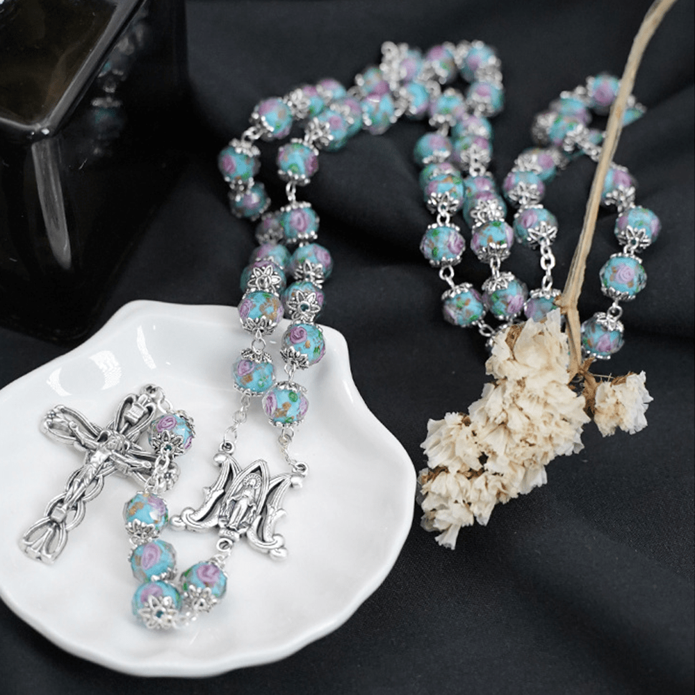 Christianartworkshop Glazed Crystal Rose Flower Beads Rosary - image 1