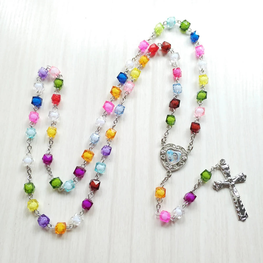 Christianartworkshop Our Lady of Peace & Crucifix of 8 mm Polyhedron Multicolor Acrylic Alloy Chain Rosary - image 2