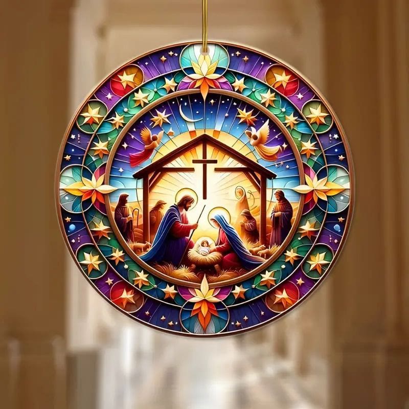 Christianartworkshop Stained Glass Styles Colorful Nativity Hanging Ornaments A - Nativity Scene - image 0