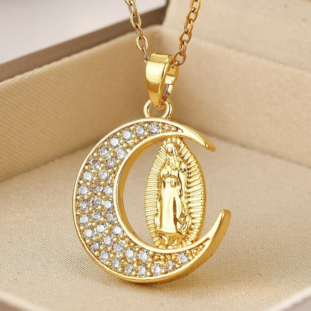 Christianartworkshopthe Crescent Moon Our Lady of Guadalupe Maria Golden Necklace - image 2