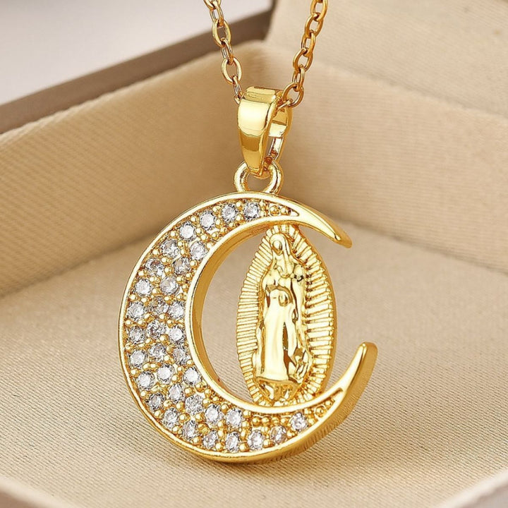 Christianartworkshopthe Crescent Moon Our Lady of Guadalupe Maria Golden Necklace - image 2