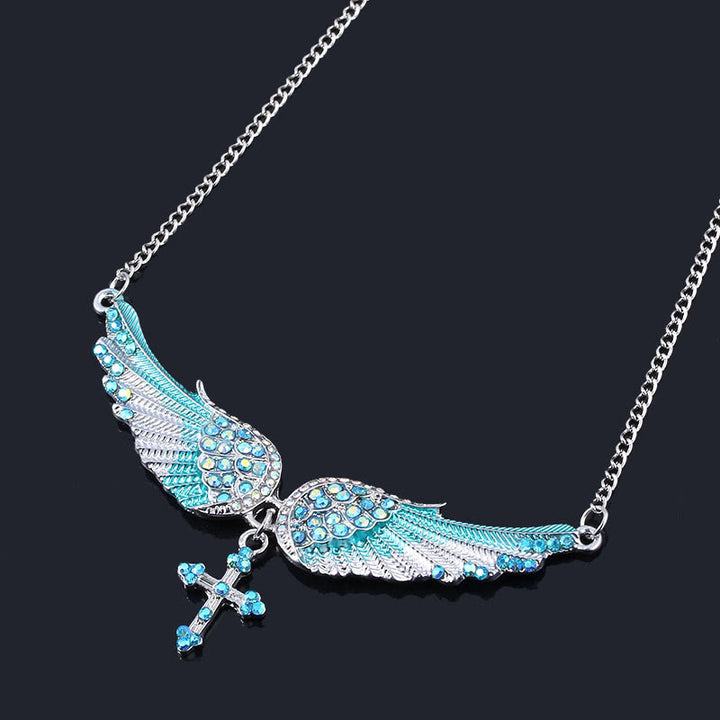 Christianartworkshop 3 Color Angel Wings Cross Shiny Stone Necklace - Blue - image 3