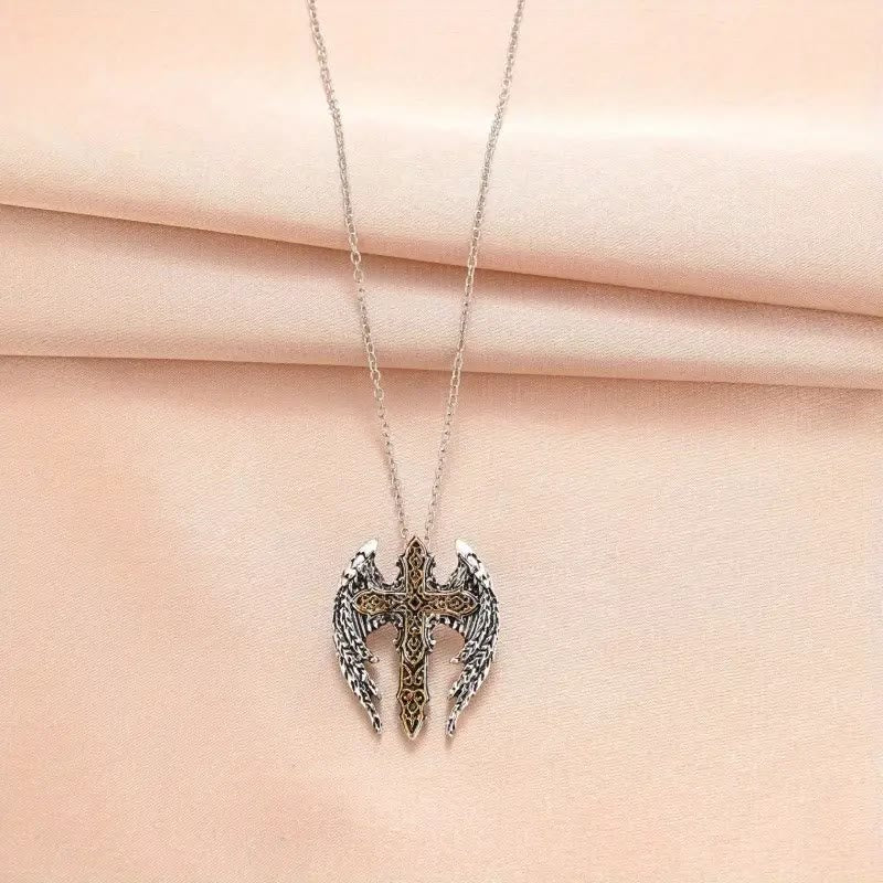 Christianartworkshop Heavy Style Protection Wings & Crafted Cross Alloy Necklace - image 2