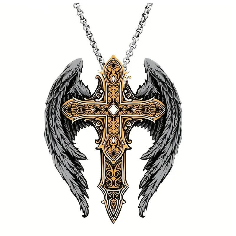 Christianartworkshop Heavy Style Protection Wings & Crafted Cross Alloy Necklace - Silver-gold - image 1