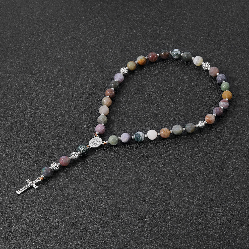 Christianartworkshop Miraculous Medal & Crucifix of 8 mm Round Multicolor Stone Nylon Cord Rosary - Indian Agate - image 1