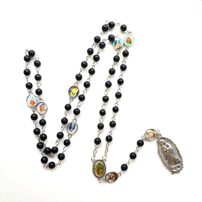 Christianartworkshop Our Lady of Guadalupe of 6 mm Round Black Agate Alloy Chain Rosary - image 1