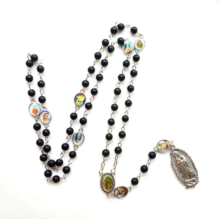 Christianartworkshop Our Lady of Guadalupe of 6 mm Round Black Agate Alloy Chain Rosary - image 1