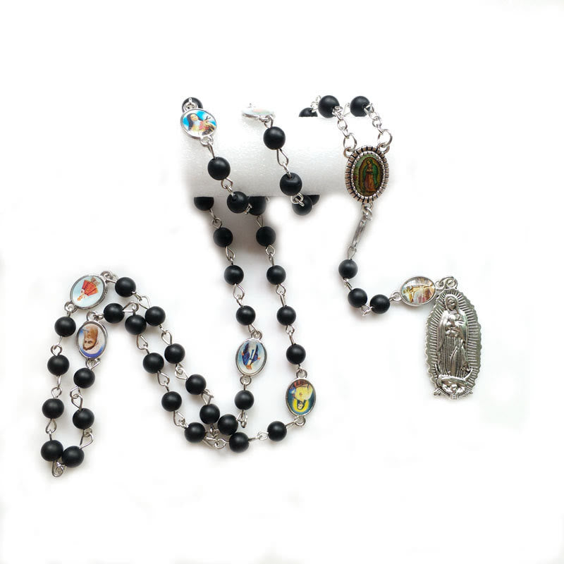 Christianartworkshop Our Lady of Guadalupe of 6 mm Round Black Agate Alloy Chain Rosary - image 2