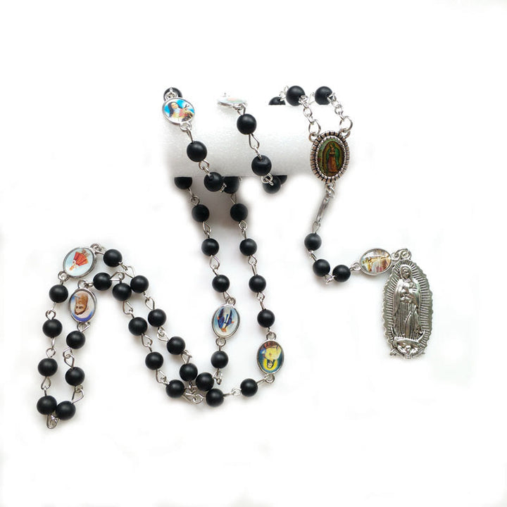 Christianartworkshop Our Lady of Guadalupe of 6 mm Round Black Agate Alloy Chain Rosary - image 2