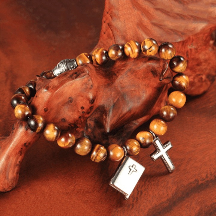 Christianartworkshop Bible Cross Tiger Eyes Stone Titanium Bracelet - Brown - image 1