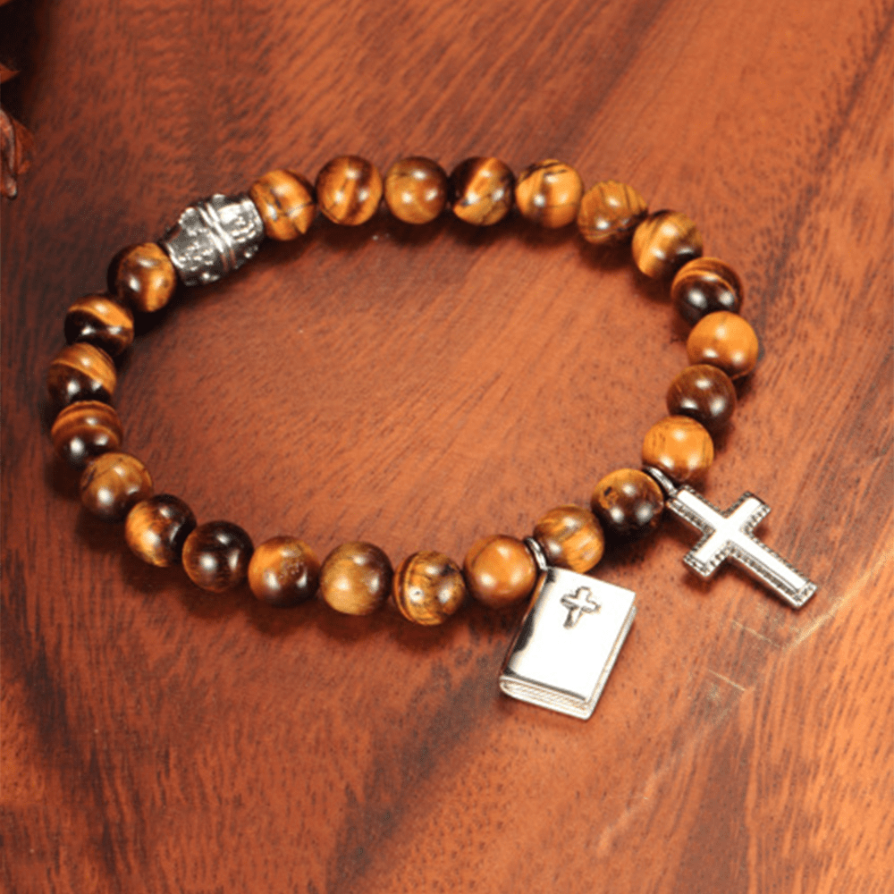 Christianartworkshop Bible Cross Tiger Eyes Stone Titanium Bracelet - image 2