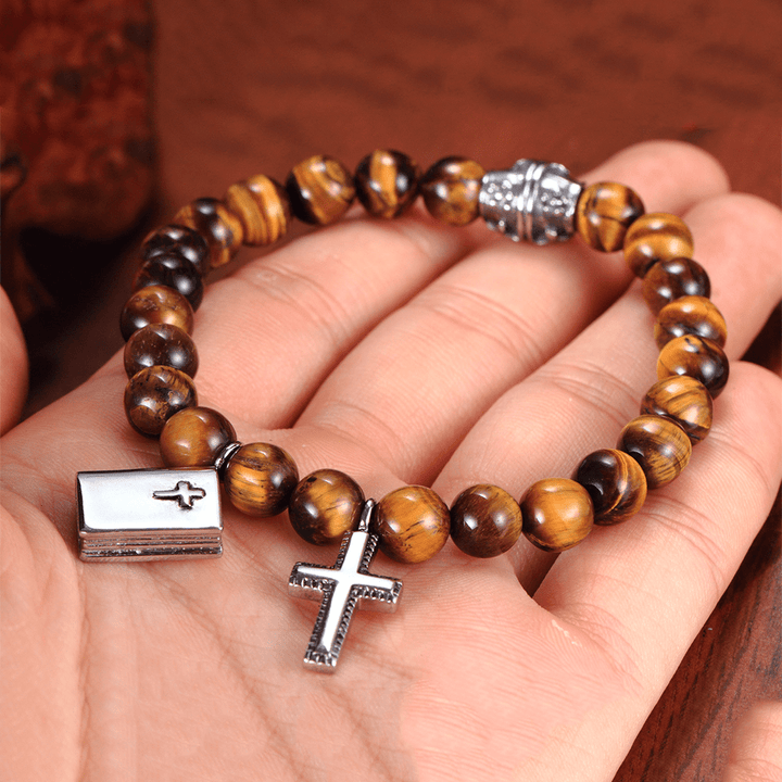 Christianartworkshop Bible Cross Tiger Eyes Stone Titanium Bracelet - image 3