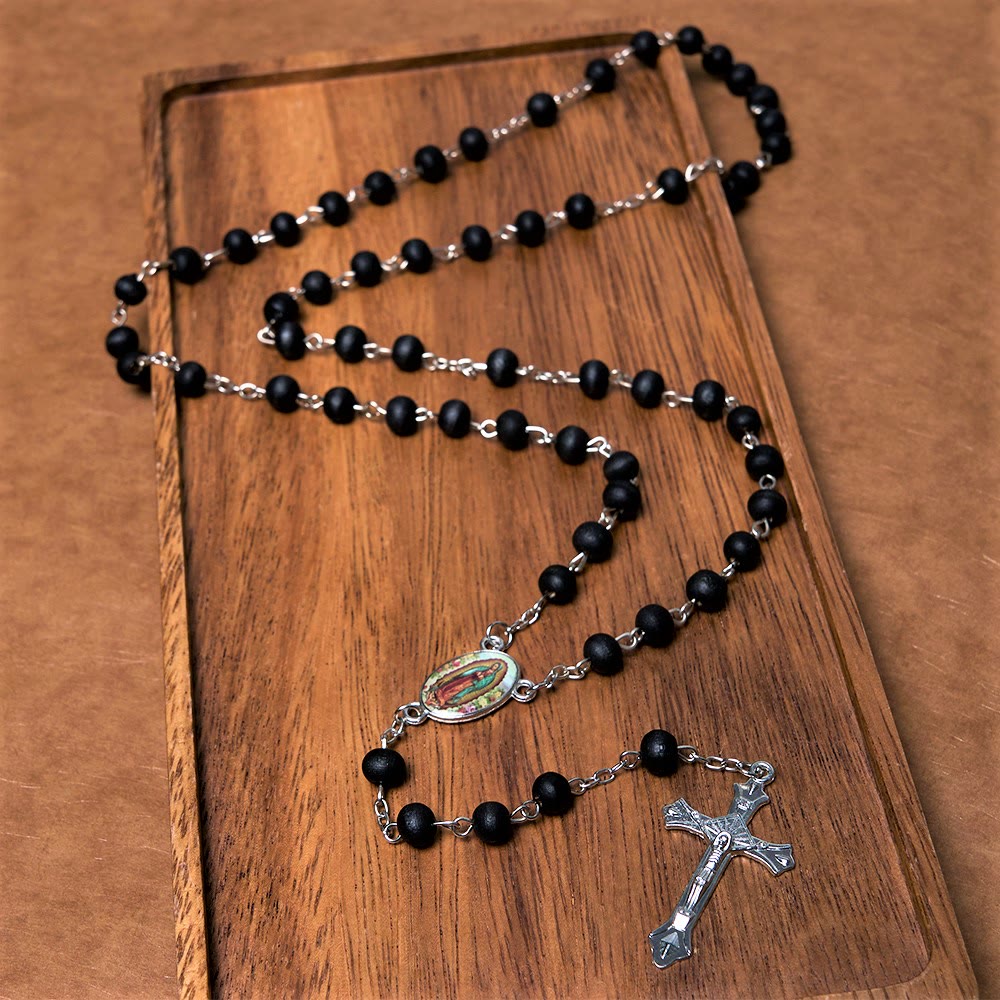 Christianartworkshop Our Lady of Guadalupe & Crucifix of 6 mm Round Multicolor Wood Alloy Chain Rosary - Black - image 1
