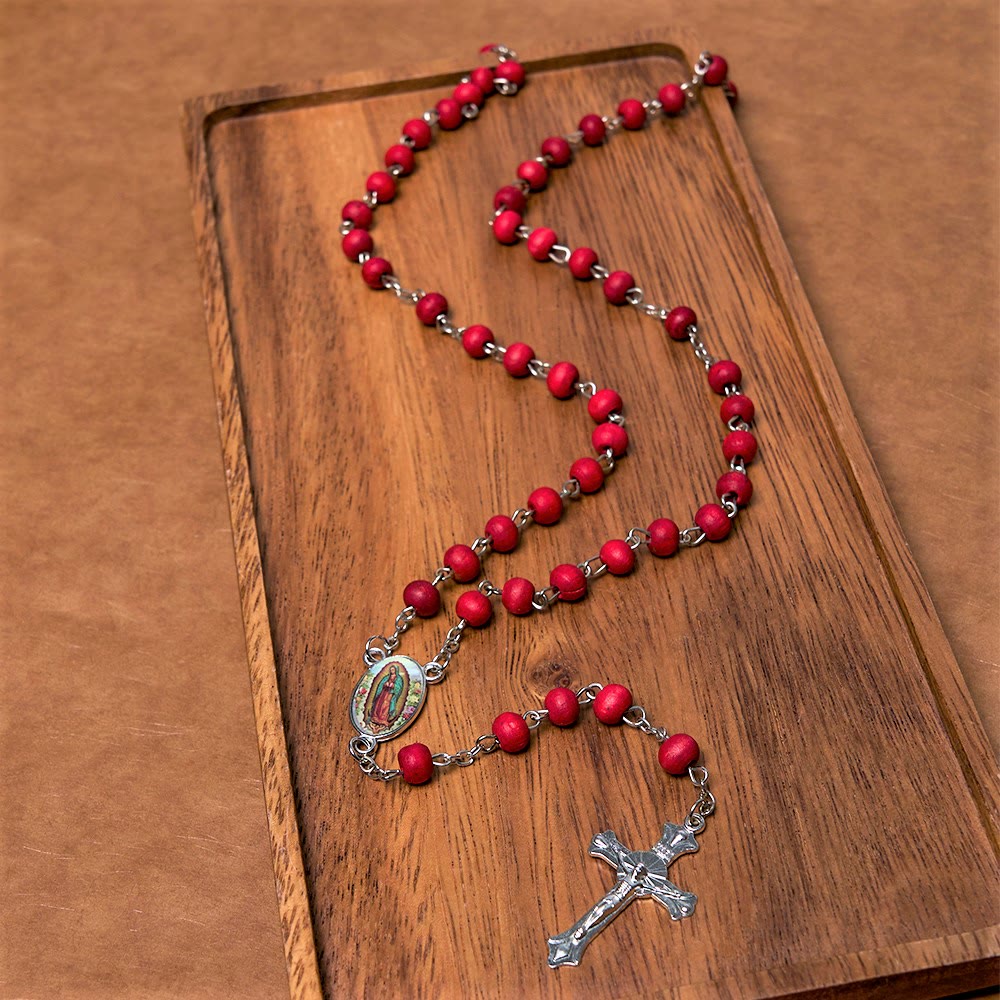 Christianartworkshop Our Lady of Guadalupe & Crucifix of 6 mm Round Multicolor Wood Alloy Chain Rosary - Red - image 2
