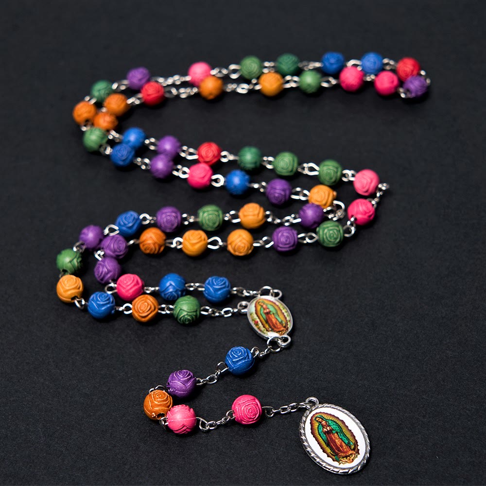 Christianartworkshop Our Lady of Guadalupe & Crucifix of 8 mm Rose Multicolor Resin Alloy Chain Rosary - Our Lady of Guadalupe - image 1