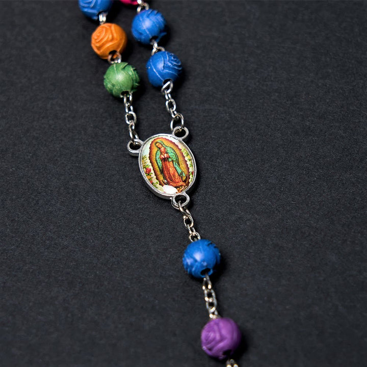 Christianartworkshop Our Lady of Guadalupe & Crucifix of 8 mm Rose Multicolor Resin Alloy Chain Rosary - image 7