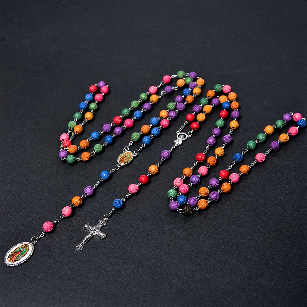 Christianartworkshop Our Lady of Guadalupe & Crucifix of 8 mm Rose Multicolor Resin Alloy Chain Rosary - image 1