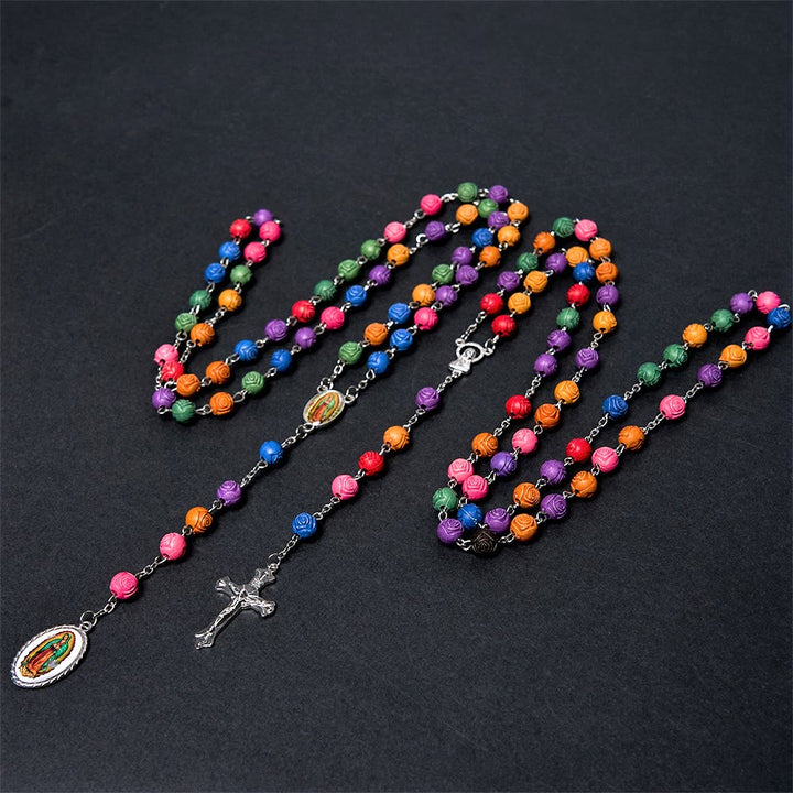Christianartworkshop Our Lady of Guadalupe & Crucifix of 8 mm Rose Multicolor Resin Alloy Chain Rosary - image 1