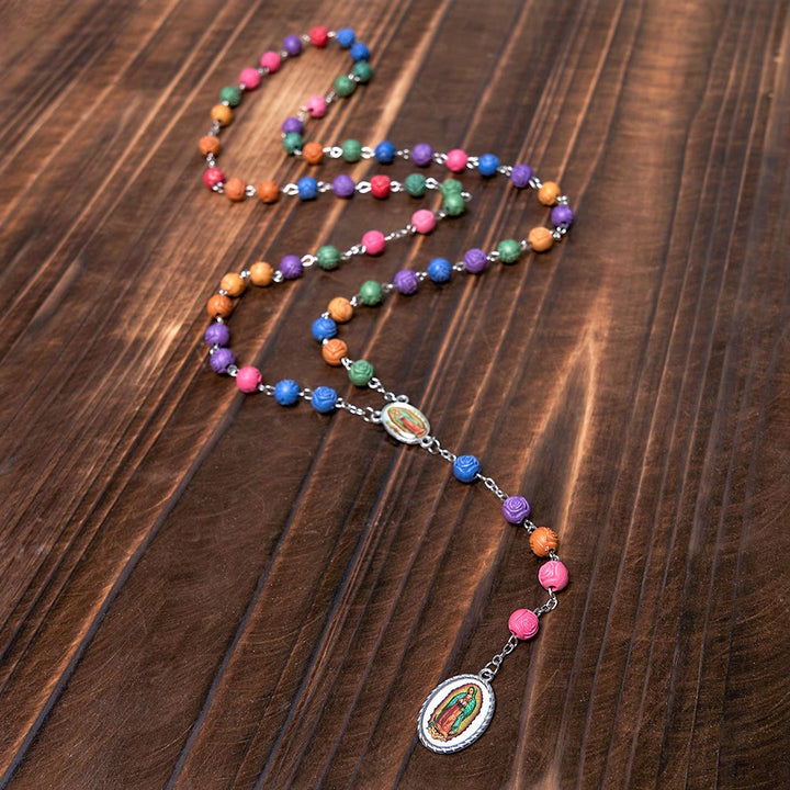 Christianartworkshop Our Lady of Guadalupe & Crucifix of 8 mm Rose Multicolor Resin Alloy Chain Rosary - image 3