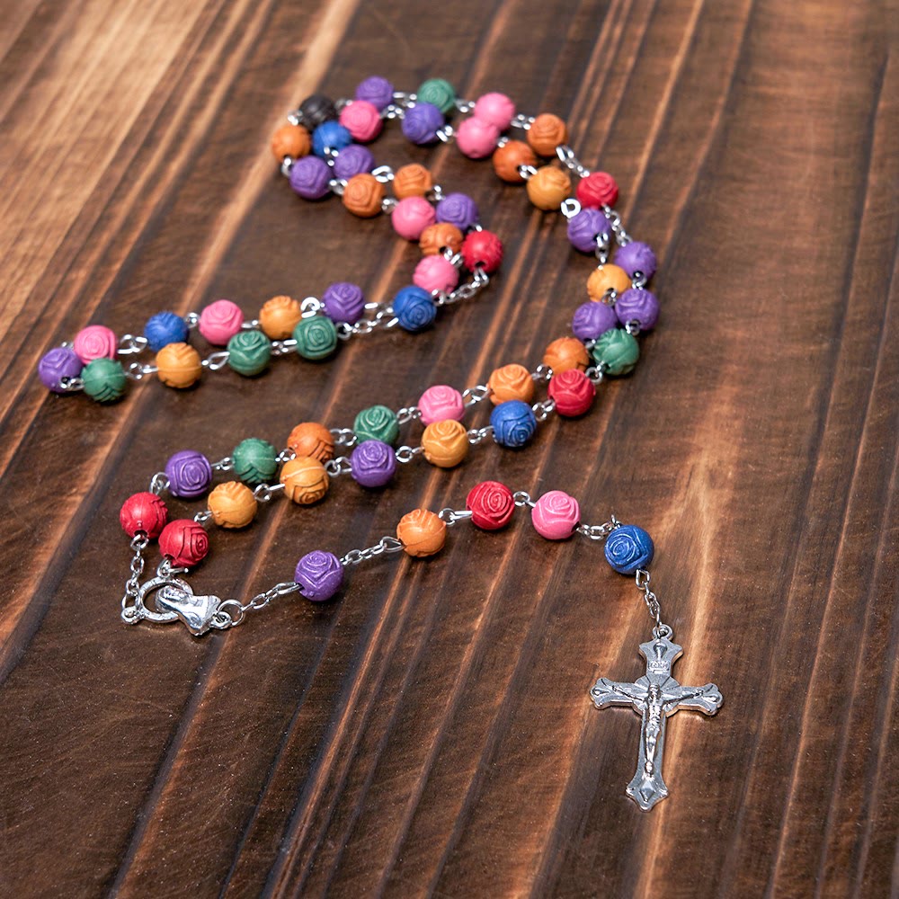 Christianartworkshop Our Lady of Guadalupe & Crucifix of 8 mm Rose Multicolor Resin Alloy Chain Rosary - image 4
