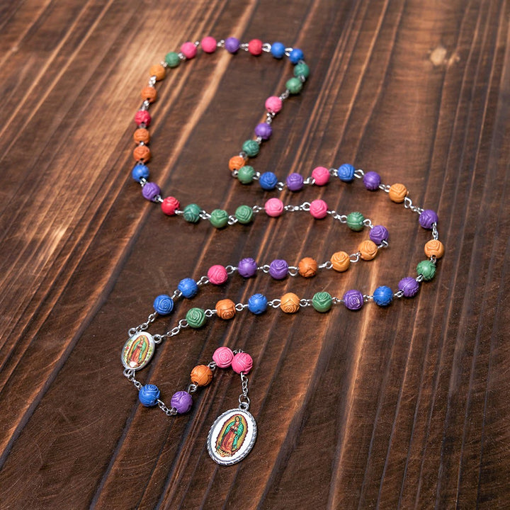 Christianartworkshop Our Lady of Guadalupe & Crucifix of 8 mm Rose Multicolor Resin Alloy Chain Rosary - image 6
