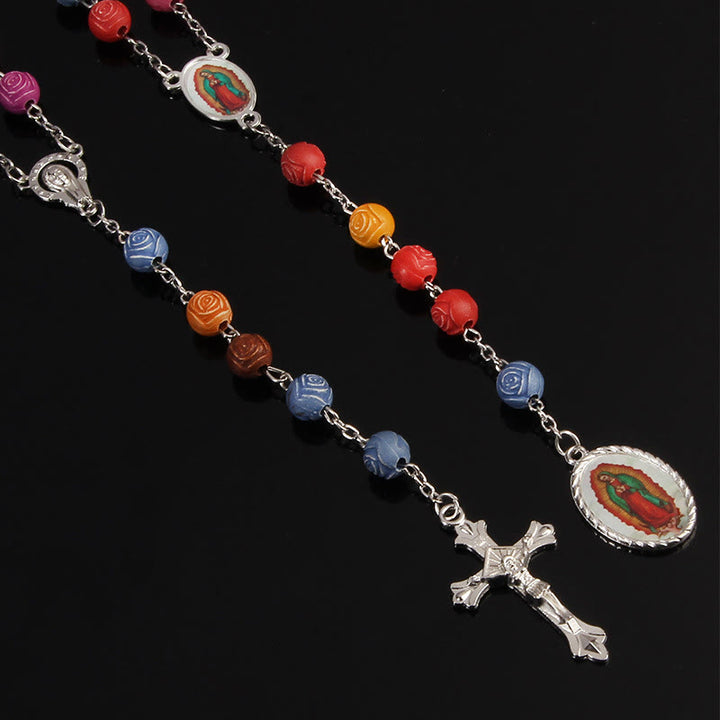 Christianartworkshop Our Lady of Guadalupe & Crucifix of 8 mm Rose Multicolor Resin Alloy Chain Rosary - image 5
