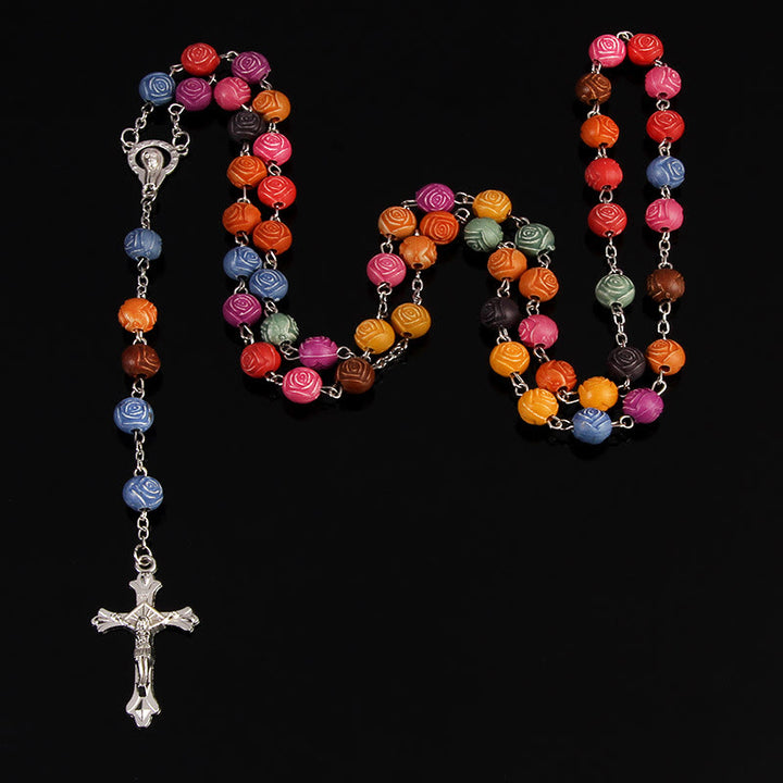 Christianartworkshop Our Lady of Guadalupe & Crucifix of 8 mm Rose Multicolor Resin Alloy Chain Rosary - image 9
