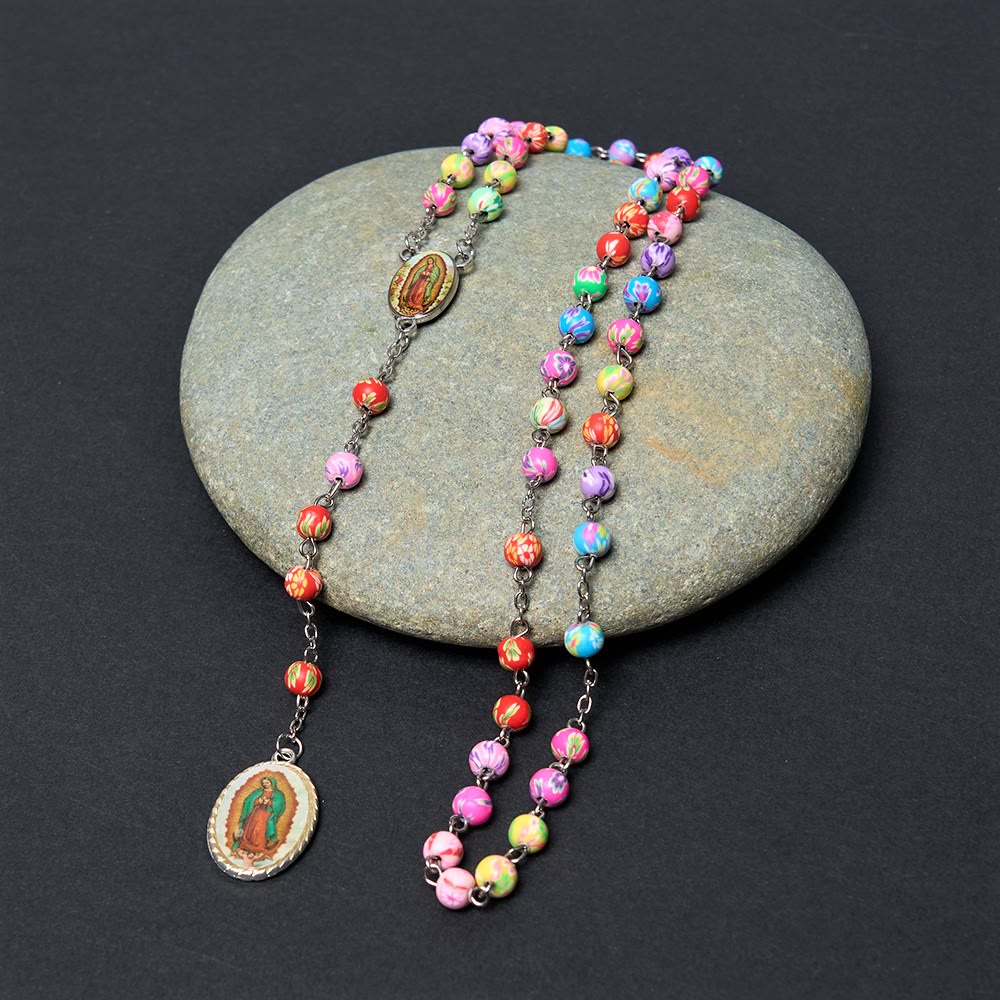 Christianartworkshop Our Lady of Guadalupe & Crucifix of 6 mm Round Multicolor Polymer Clay Alloy Chain Rosary - Our Lady of Guadalupe - image 0
