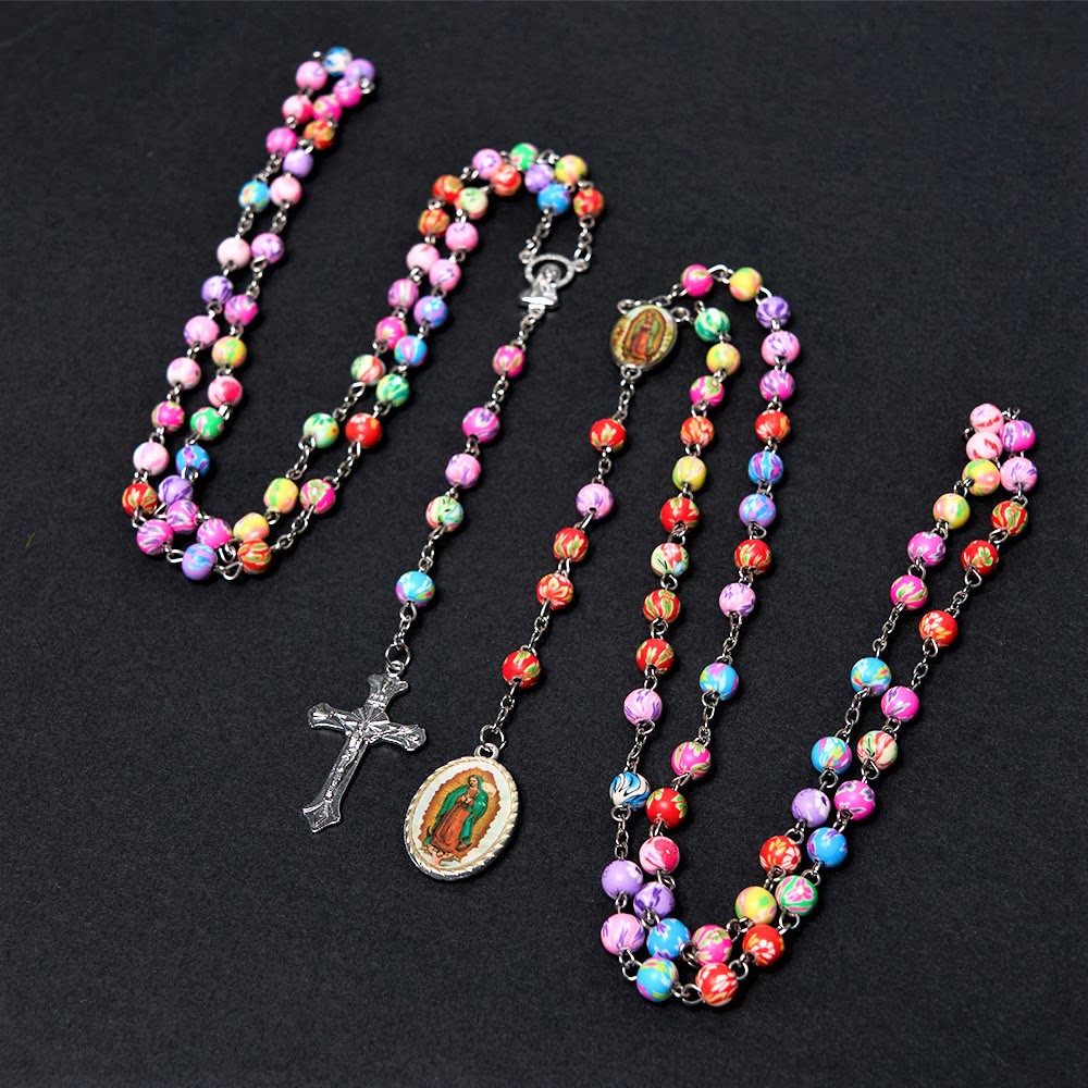 Christianartworkshop Our Lady of Guadalupe & Crucifix of 6 mm Round Multicolor Polymer Clay Alloy Chain Rosary - image 1
