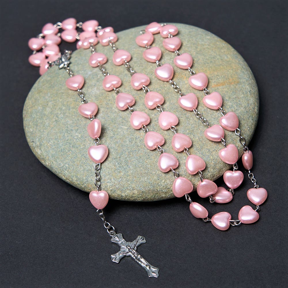 Christianartworkshop Our Lady of Fátima & Crucifix of 10 mm Heart Pink Acrylic Alloy Chain Rosary - image 3