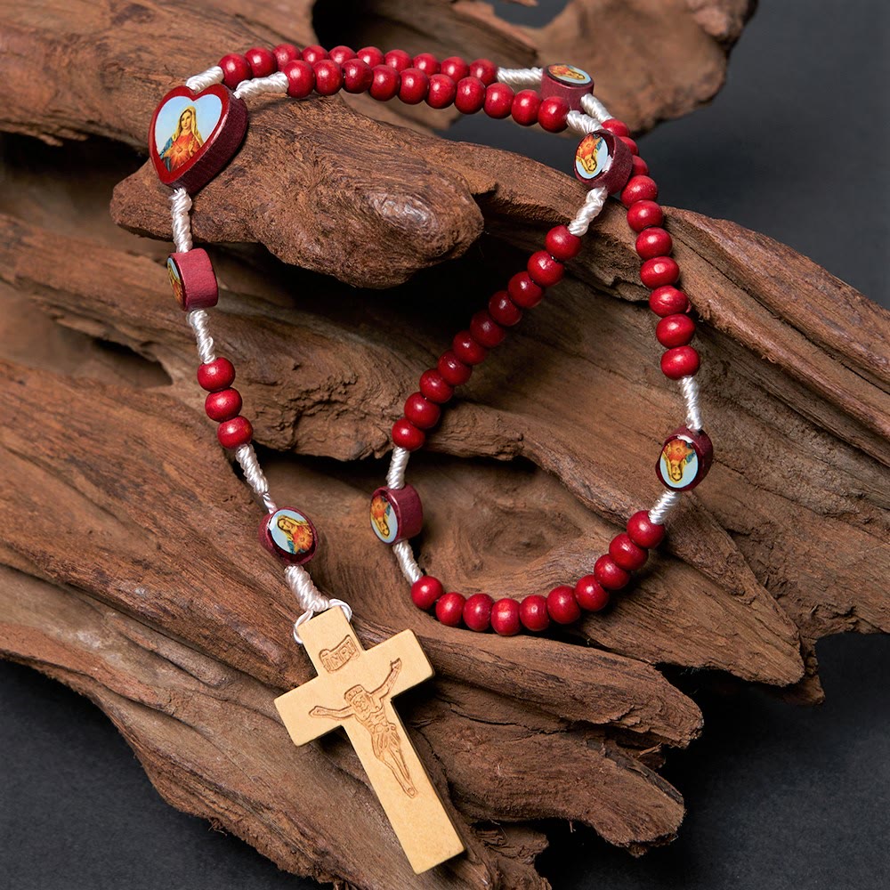 Christian Art Wine Red Wooden Beads Cross Virgin Mary Hand Held Rosary - Virgin Mary - image 0