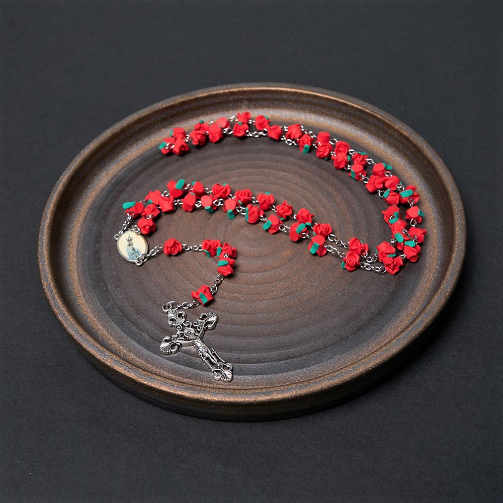 Christian Art Rose Flower Shaped Beads Virgin Mary Prayer Rosary - image 1