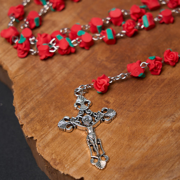 Christian Art Rose Flower Shaped Beads Virgin Mary Prayer Rosary - image 3