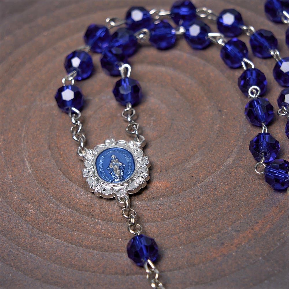 Christianartworkshop Miraculous Medal & Cross of 8 mm Polyhedron Blue Crystal Alloy Chain Rosary - image 6