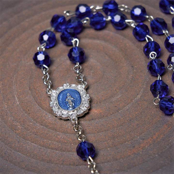 Christianartworkshop Miraculous Medal & Cross of 8 mm Polyhedron Blue Crystal Alloy Chain Rosary - image 6