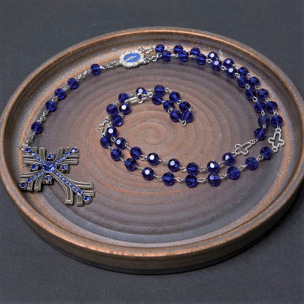 Christianartworkshop Miraculous Medal & Cross of 8 mm Polyhedron Blue Crystal Alloy Chain Rosary - image 4