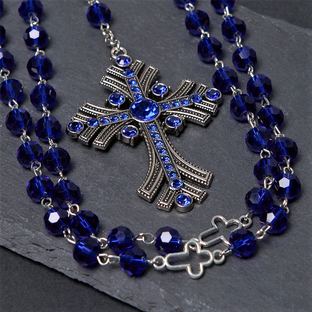 Christianartworkshop Miraculous Medal & Cross of 8 mm Polyhedron Blue Crystal Alloy Chain Rosary - image 5