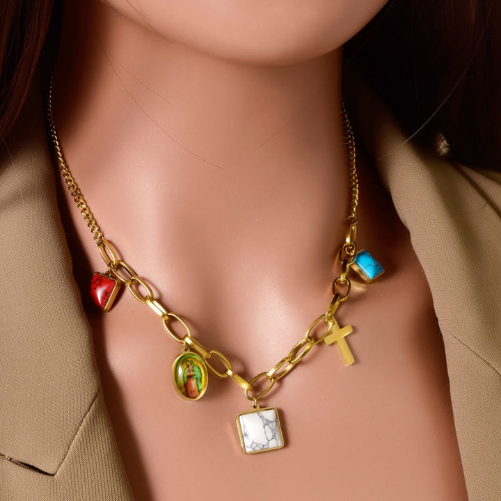 Christianartworkshop Casual Style Our Lady of Guadalupe Turquoise Cross Chocker Necklace - image 1
