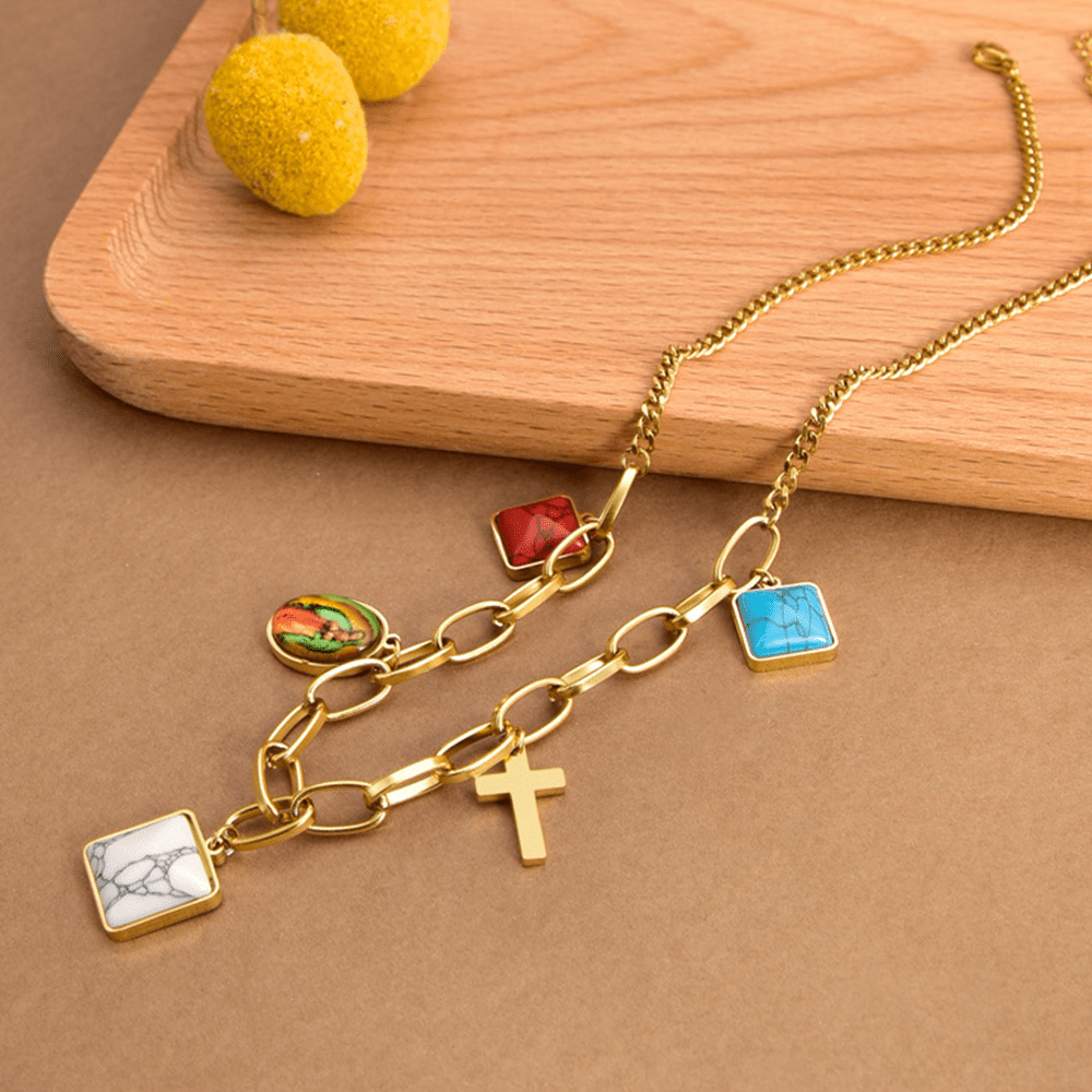 Christianartworkshop Casual Style Our Lady of Guadalupe Turquoise Cross Chocker Necklace - image 2